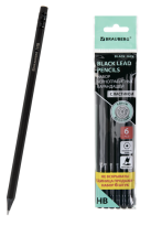 Карандаши чернографитные BRAUBERG Black jackНАБОР 6шт.,НВ,с рез., пластиковый черн., корпус 180608