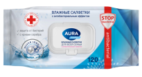 Салфетки влажные 120 шт,  AURA, антибакт. с крышкой для всей семьи
