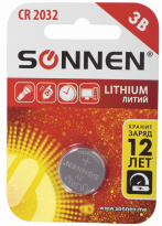 Батарейка литиевая SONNEN Lithium CR2032 таблетка, дисковая 1 шт., блистер, 451974