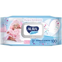 Салфетки влажные 100 шт,  AURA Ultra Comfort, детские, с алоэ, очищающие, без спирта, клапан 18.jpg