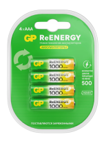 Батарейки GP ReEnergy Ni-Mh, AAA (HR03), аккумуляторные, мизинчиковы, КОМПЛЕКТ 4 шт. 458469