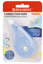 Корректирующая лента BRAUBERG Pastel, 5 мм х 12 м, корпус голубой, блистер, 272488
