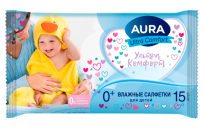 Салфетки влажные 15 шт. AURA Uitra Comfort для детей, без спирта