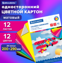 Картон цветной А4 немел. 12л 12цв Brauberg Самолет