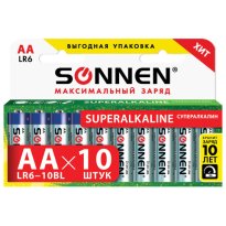 Батарейки SONNEN Super Alkaline, АА (LR6, 15А), алкалиновые, пальчиковые, КОМПЛЕКТ 10 шт. 454231 63.