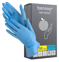 Перчатки нитриловые р.M BENOVY, голубые, 50 парупак комплект ЧЗ,К шк2506