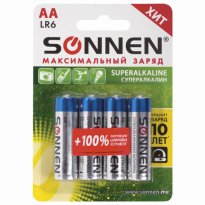 Батарейки SONNEN Super Alkaline, АА (LR6,15А), алкалиновые, пальчиковые, КОМПЛЕКТ 4 шт., 451094 89.j