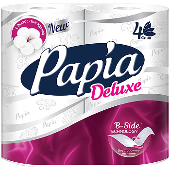 Туалетная бумага станд. рулон Papia DELUX 4сл. 4рулона, 16,5м, белая   14 шт/уп, 504 уп/палл 5080736