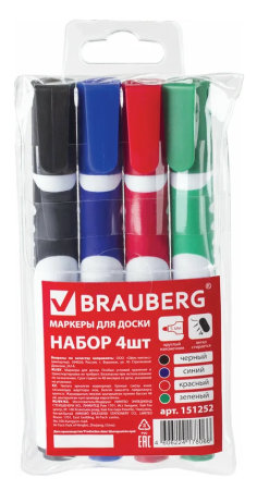 Маркер набор 4цв. для белой доски (стир.) BRAUBERG, SOFT 5мм, резиновая вставка