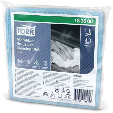 Салфетка из микрофибры 30,5х30,5см, 240г/м, 300 циклов стирки, TORK, многораз. синяя 6 шт./уп183600 
