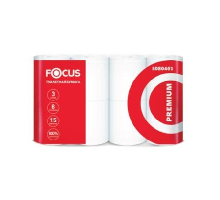 Туалетная бумага станд. рулон Focus Premium 3сл. 8шт., перфор., белая  8уп/кор  288уп/паллет 5080461