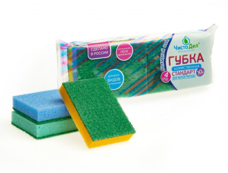 Губка д/посуды ЧистоДел Стандарт XL 4шт  110*80*25мм 23.jpg