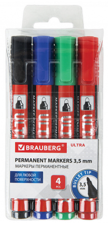 Маркер набор 4цв. перм. (нестир.) BRAUBERG, Ultra Marker 3,5мм