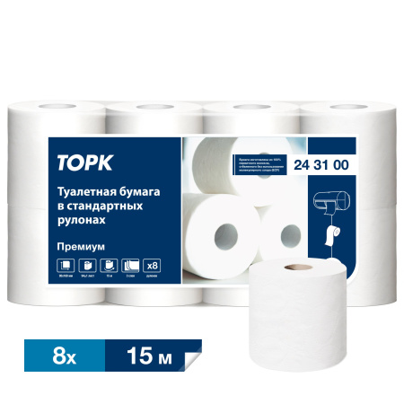 Туалетная бумага в стандартных рулонах TORK Премиум 3-сл, Т4, белая 8 шт, 12штуп, 243100