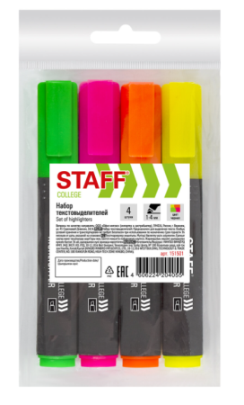 Набор 4 текстовыделителей STAFF 4шт. Ассорти, Stick, 1-4мм