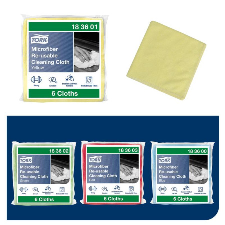 Салфетка из микрофибры 30,5х30,5см, 240г/м, 300 циклов стирки, TORK, многораз. желтая 6 шт./уп183601 (1)