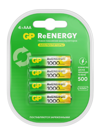 Батарейки GP ReEnergy Ni-Mh, AAA (HR03), аккумуляторные, мизинчиковы, КОМПЛЕКТ 4 шт. 458469