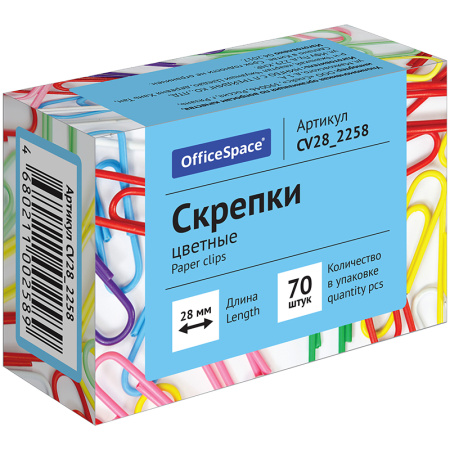 Скрепки 28мм OfficeSpace, 70шт., цветные, карт. упаковка 186683 4.jpg