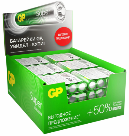 Батарейки GP Super, AA (LR03, 24А), алкалиновые, пальчиковые, в пленке КОМПЛЕКТ 4 шт. 454090