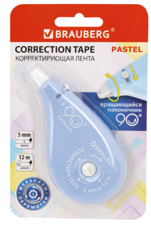 Корректирующая лента BRAUBERG Pastel, 5 мм х 12 м, корпус голубой, блистер, 272488