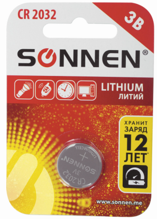 Батарейка литиевая SONNEN Lithium CR2032 таблетка, дисковая 1 шт., блистер, 451974