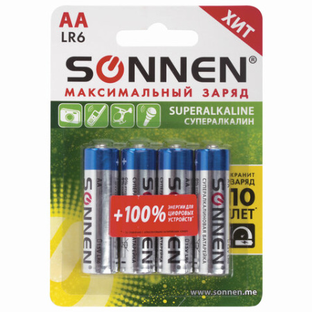 Батарейки SONNEN Super Alkaline, АА (LR6,15А), алкалиновые, пальчиковые, КОМПЛЕКТ 4 шт., 451094 89.j