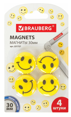 Магниты BRAUBERG 30 мм, 4 шт., СМАЙЛИКИ, желтые