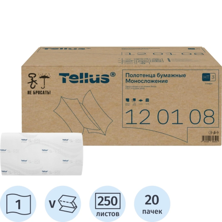 Полотенца листовые однослойные 23х23см TELLUS Стандарт, сложение ZZ, система Н3, 250л, 20штуп