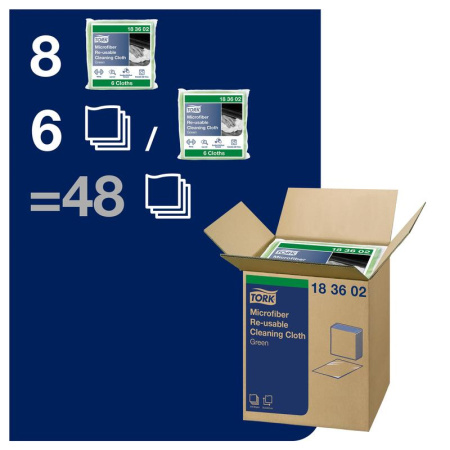 Салфетка из микрофибры 30,5х30,5см, 240г/м, 300 циклов стирки,TORK, многораз. зеленая 6 шт./уп183602 (1)