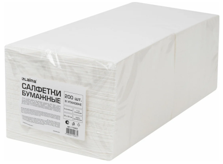Салфетки бумажные 200 шт., 33х33см, 2-х сл., 14сл. белые LAIMA, 115402